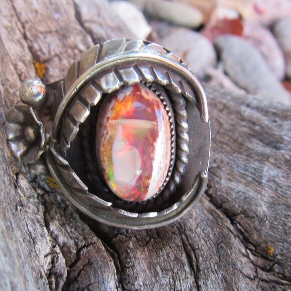 Rare High Horse Silver Exquisite Custom Huge Flashy Mexican Fire Opal Ring .925 - Picture 3 of 14